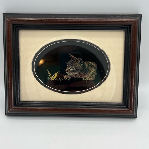 Scratchboard Cat Butterfly Art Print Jeanine Nahra Framed Oval Matted - Picture 1 of 7